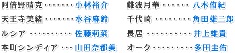 阿倍野晴克・・・・・・・小林裕介天王寺美緒・・・・・・・水谷麻鈴ルシア・・・・・・・・・・佐藤莉菜本町シンディア・・・山田奈都美 難波月華・・・・・・八木侑紀千代崎・・・・・・・・角田雄二郎長居・・・・・・・・・・井上雄貴オーク・・・・・・・・・多田圭佑