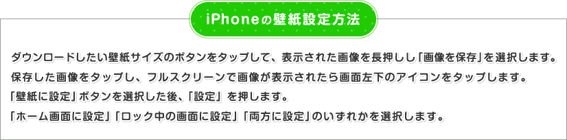 iPhoneの壁紙設定方法 ダウンロードしたい壁紙サイズのボタンをタップして、表示された画像を長押しし「画像を保存」を選択します。保存した画像をタップし、フルスクリーンで画像が表示されたら画面左下のアイコンをタップします。「壁紙に設定」ボタンを選択した後、「設定」を押します。「ホーム画面に設定」「ロック中の画面に設定」「両方に設定」のいずれかを選択します。